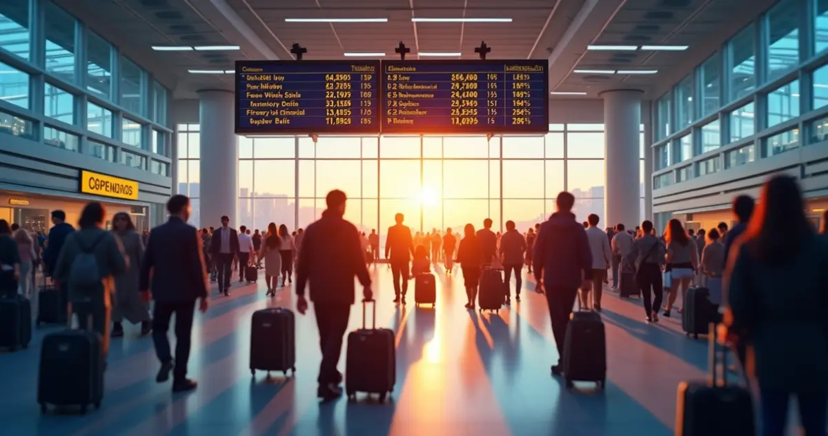 Aeroporto com movimento intenso, letreiro mostrando preços de voos
