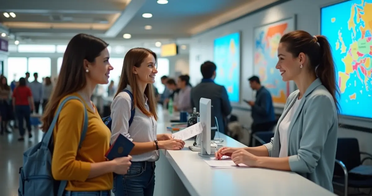 Passageiras conversam com atendente de agência de viagens no aeroporto