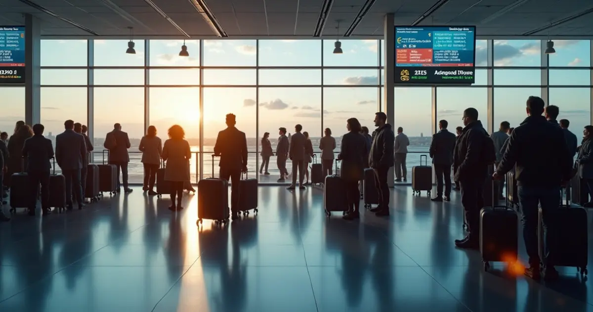 Movimento intenso no aeroporto com pessoas em fila para embarque.