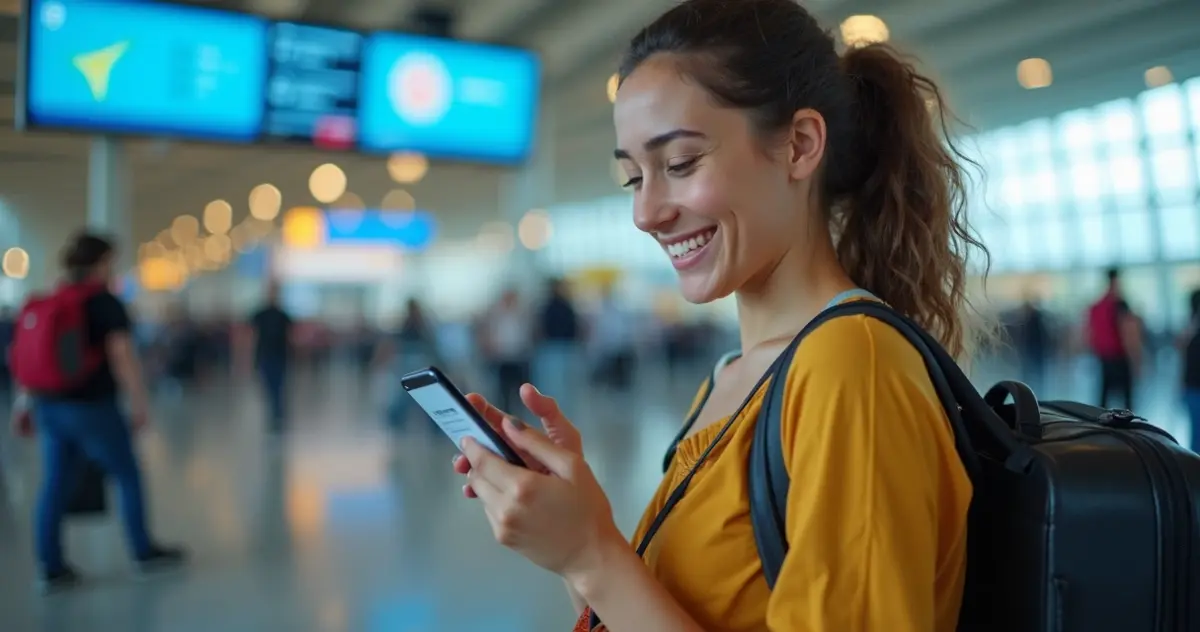 Pessoa recebendo alerta de passagem aérea barata no celular dentro do aeroporto