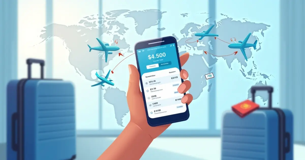 Tela de celular mostrando alerta de passagem aérea barata e mapa de destinos