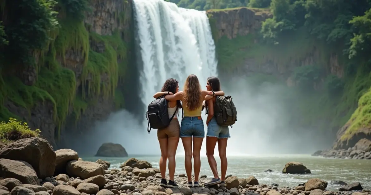 Grupo de amigas em viagem em frente a cachoeira no Brasil