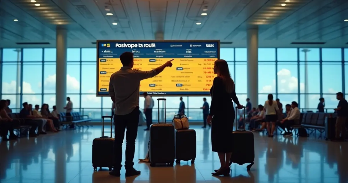 Passageiros em aeroporto analisando calendário de datas variadas na tela de computador