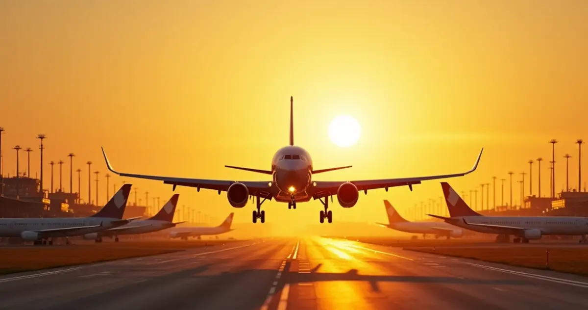Avião decolando ao pôr do sol em aeroporto movimentado.