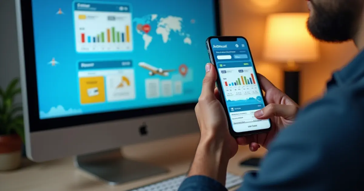 Usuário comparando passagens aéreas em diferentes dispositivos, como computador e smartphone