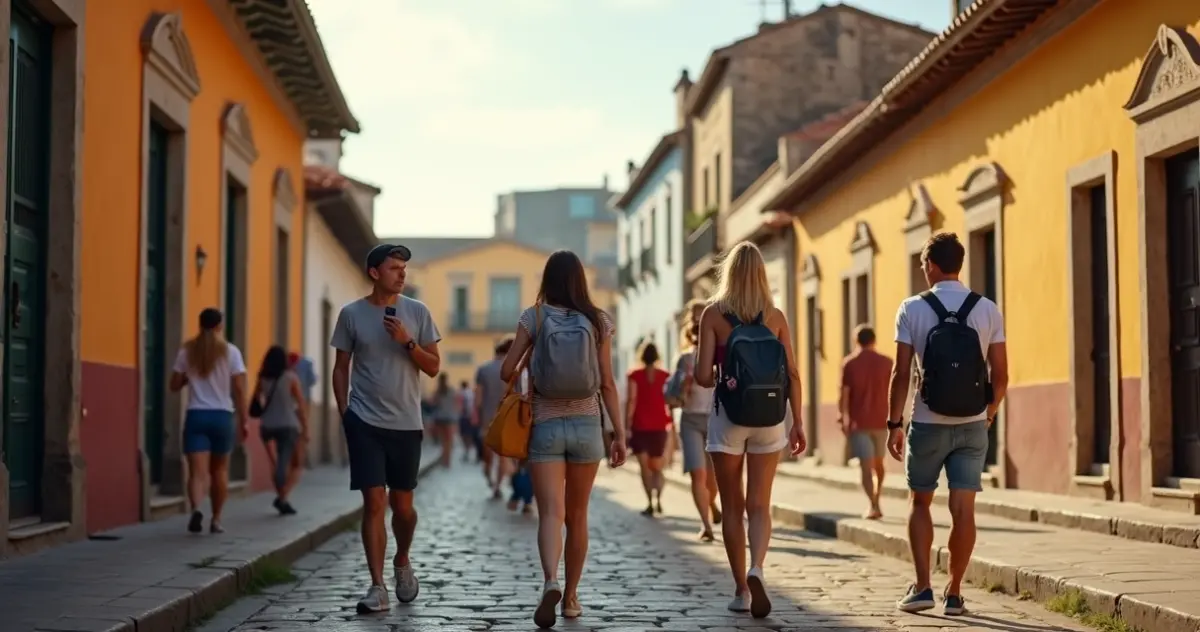 Turistas caminhando em centro histórico