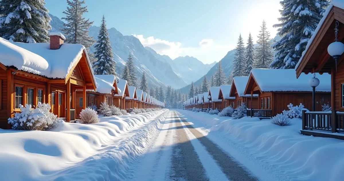 Cidade andina nevada com montanhas ao fundo