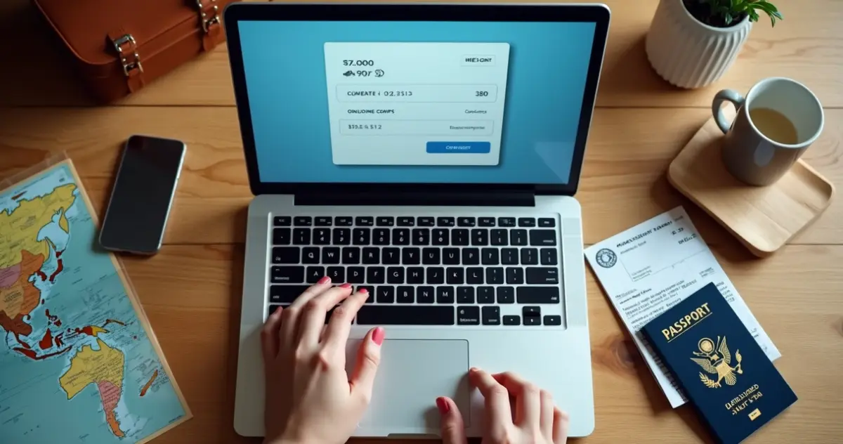 Pessoa comprando passagem aérea online no notebook
