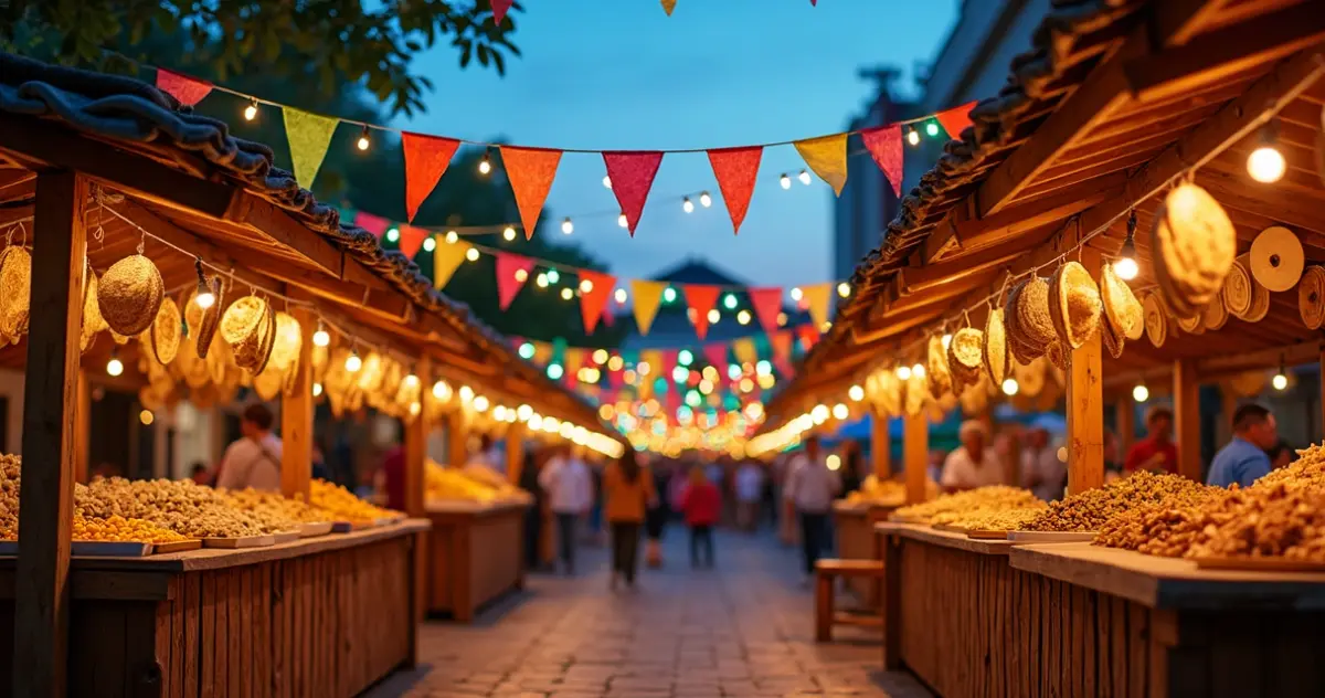 Decoração colorida e típica de festa junina nordestina, com bandeirinhas e barracas de comidas típicas