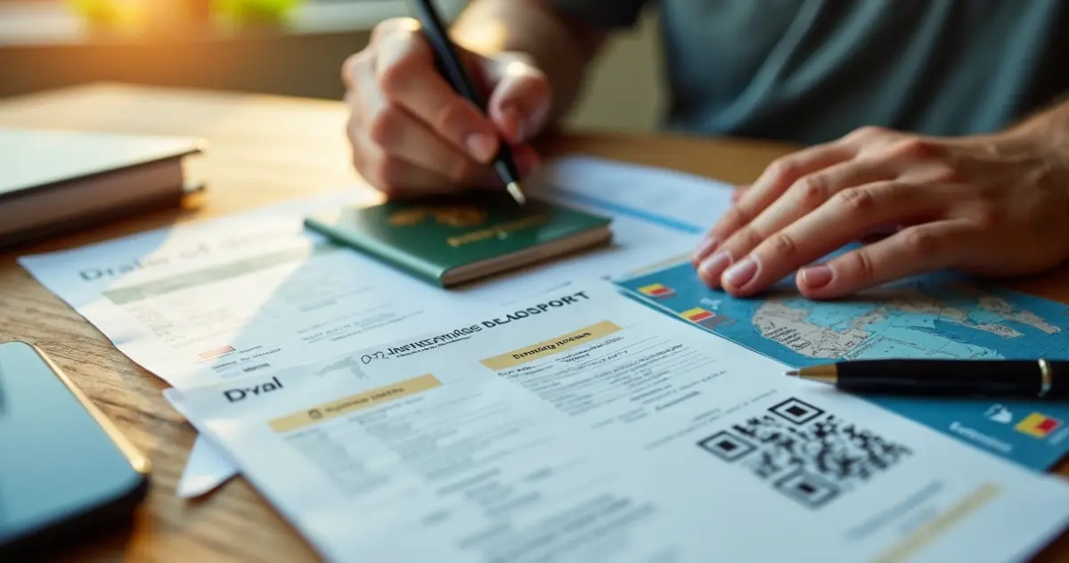 Documentos de viagem organizados com passaporte, seguro e passagem aérea