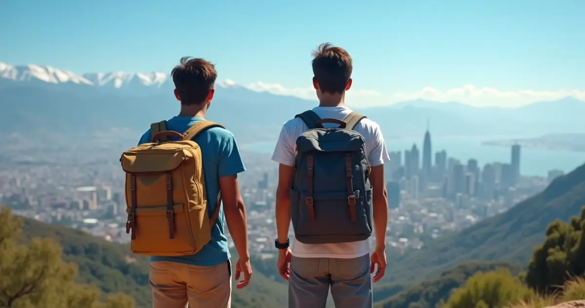 Dois irmãos brasileiros sorrindo em viagem com vista para Santiago do Chile