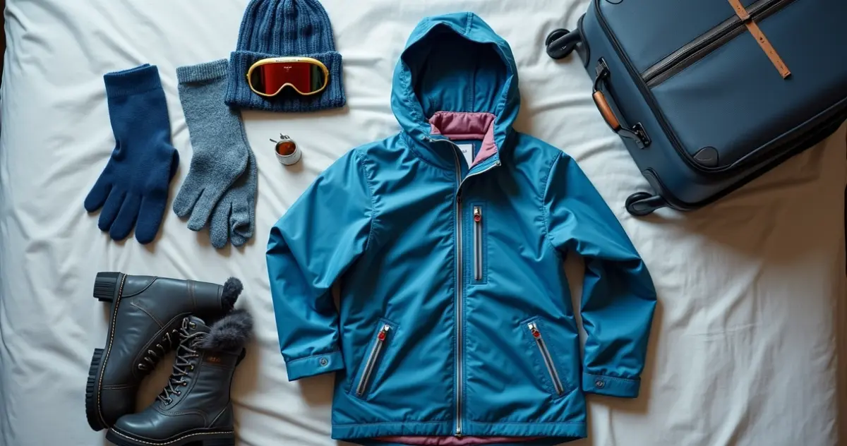 Roupas e equipamentos de neve organizados para viagem
