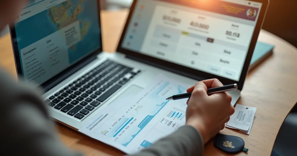 Pessoa analisa ferramentas digitais em notebook para pesquisar passagens