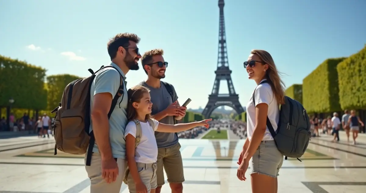 Família brasileira em frente à Torre Eiffel em Paris