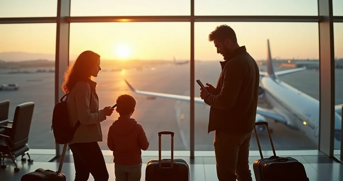 Família reunida com bagagens aguardando embarque no aeroporto