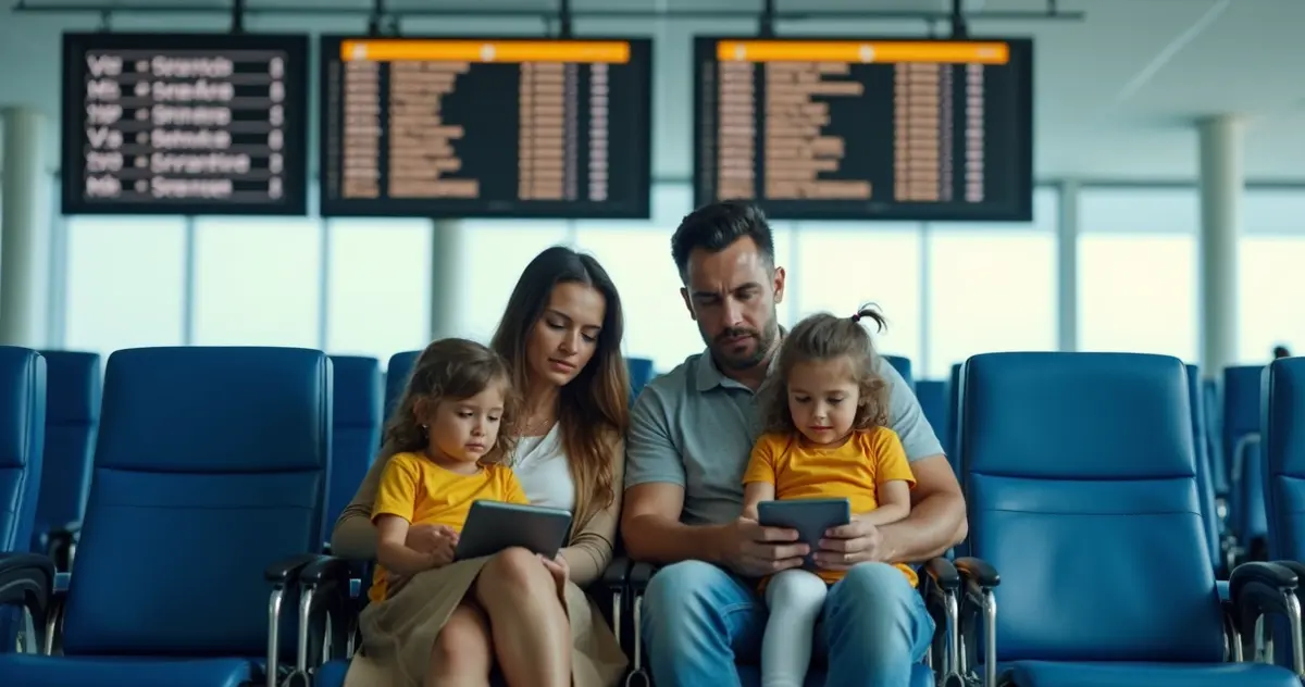 Família espera voo em atraso no saguão do aeroporto