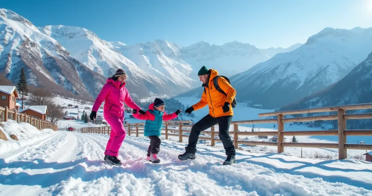 Família brincando na neve em montanha chilena
