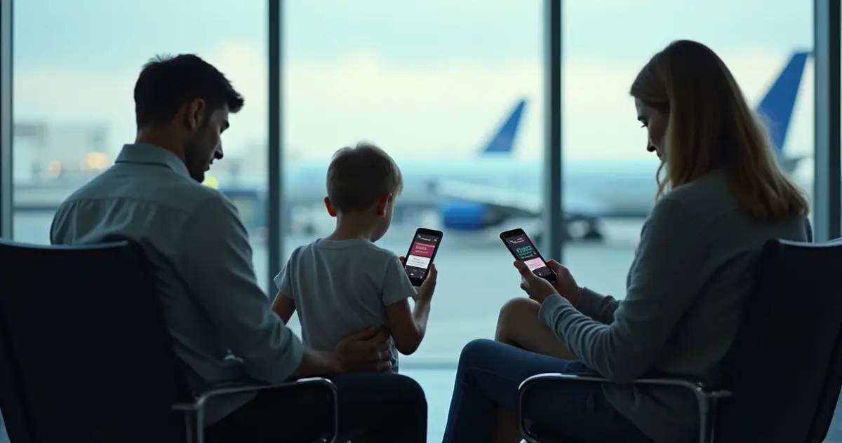 Família no aeroporto checando aplicativo de voo no smartphone