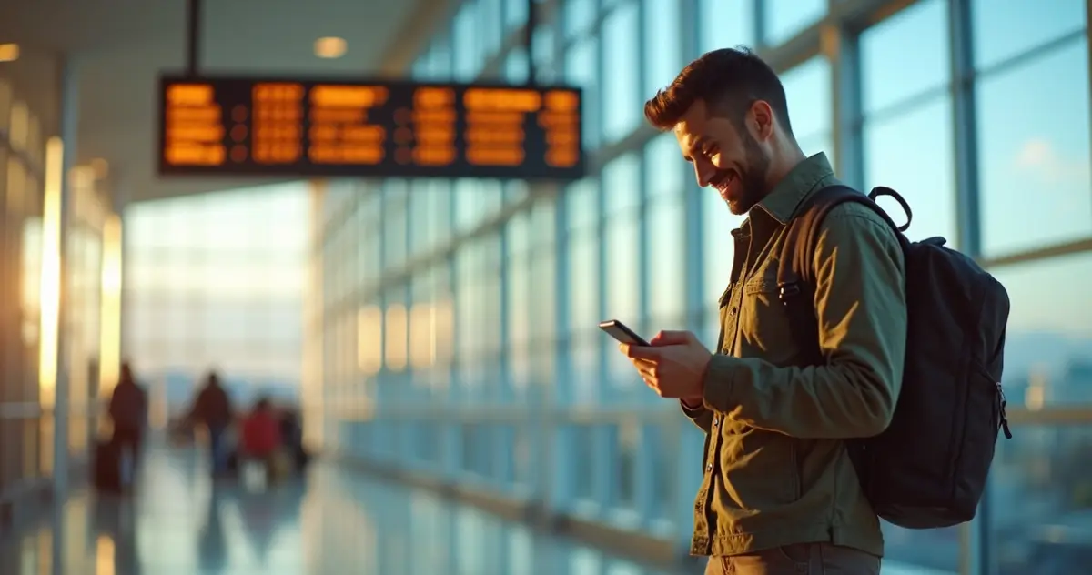 Homem feliz com mochila no aeroporto consultando smartphone