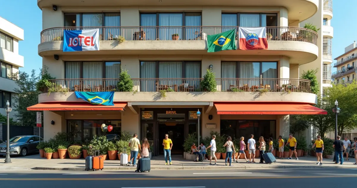 Fachada de hotel americano moderno com decoração de Copa do Mundo.