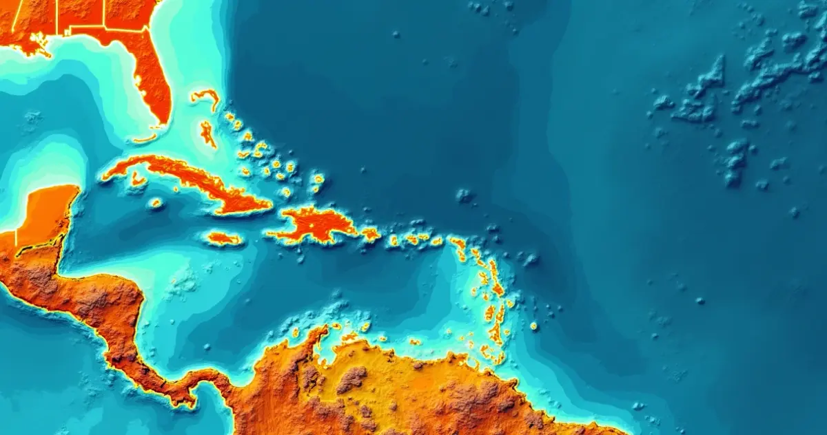 Mapa destacando as ilhas do Caribe com menor risco de furacão, como Aruba e Curaçao