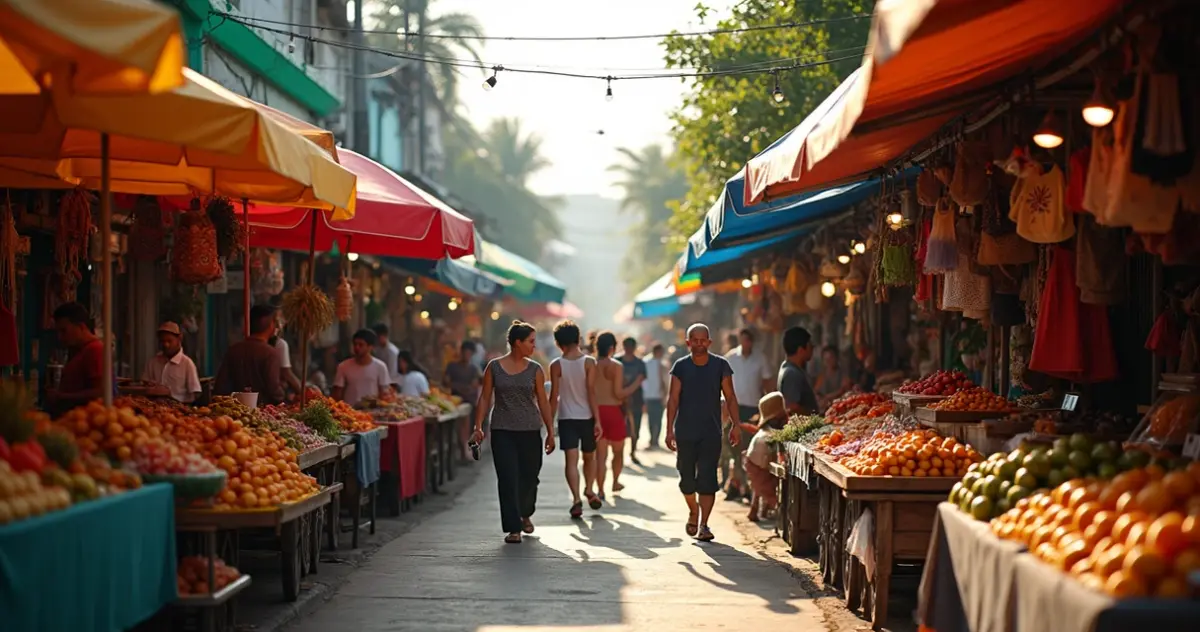 Mercado de rua na Ásia com barracas coloridas e muitos turistas