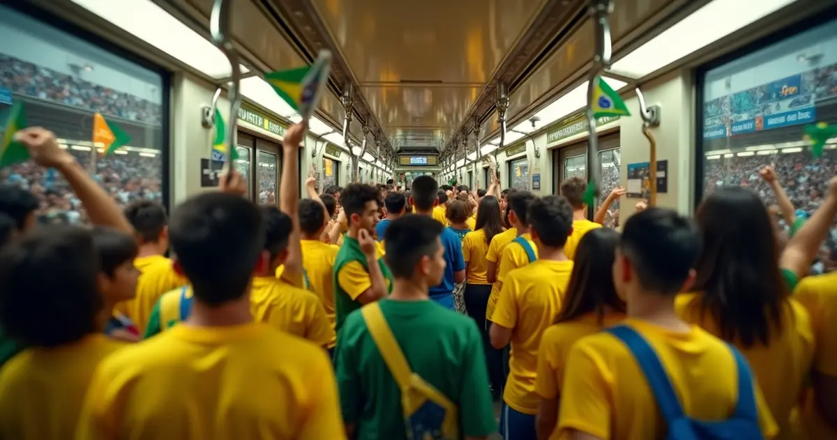 Vagão de metrô nos EUA lotado de torcedores brasileiros rumo ao estádio.