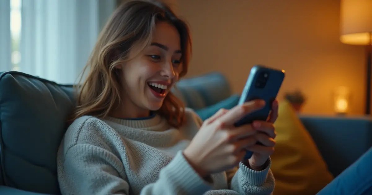 Mulher recebendo alerta de promoção de passagem aérea no celular