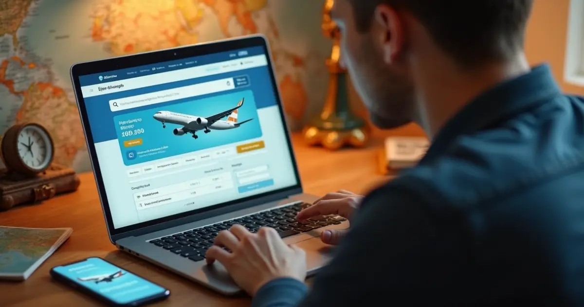 Pessoa pesquisa voos baratos em notebook com alerta de promoção em destaque