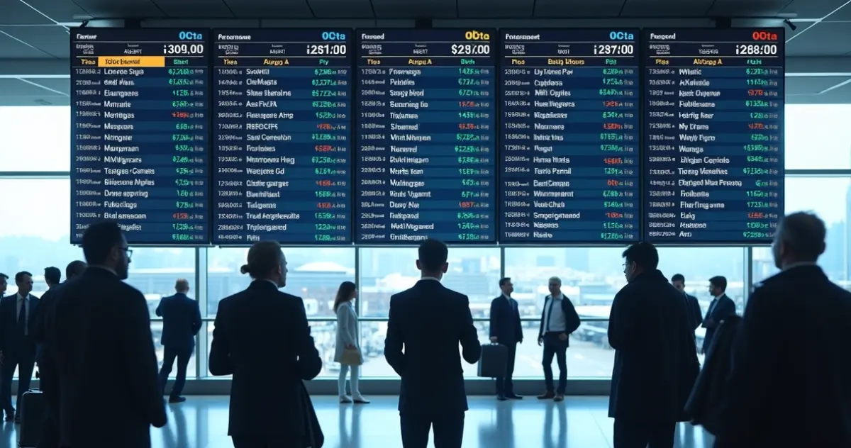 Painel digital mostrando variação de preços de passagens aéreas.