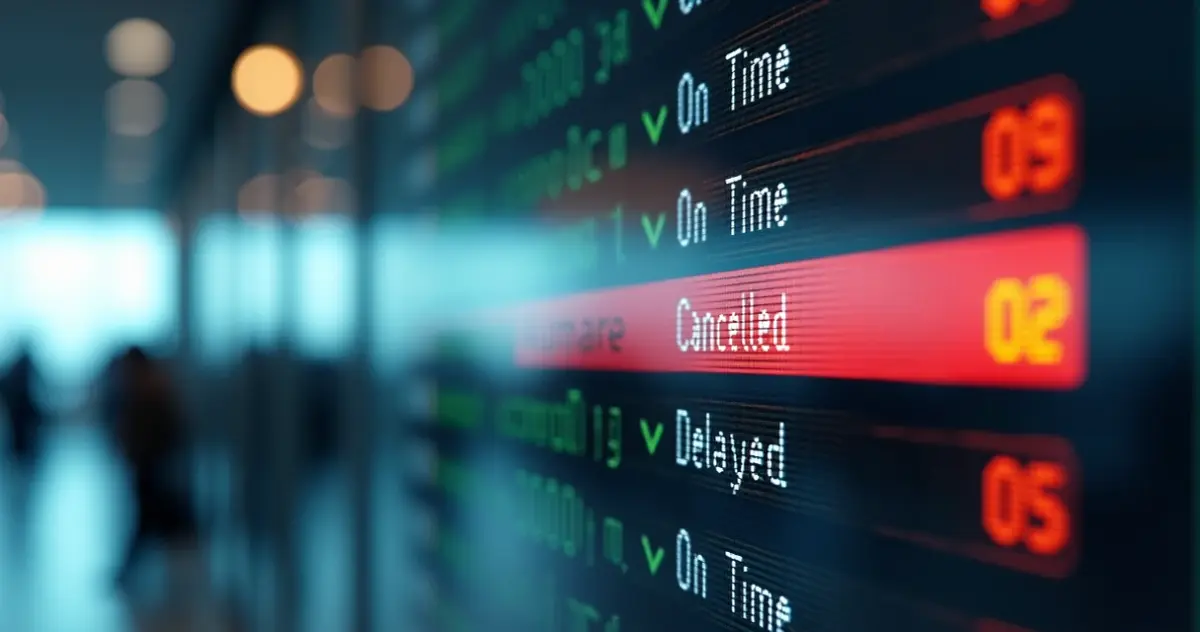 Display digital de voo com alerta de cancelamento em destaque