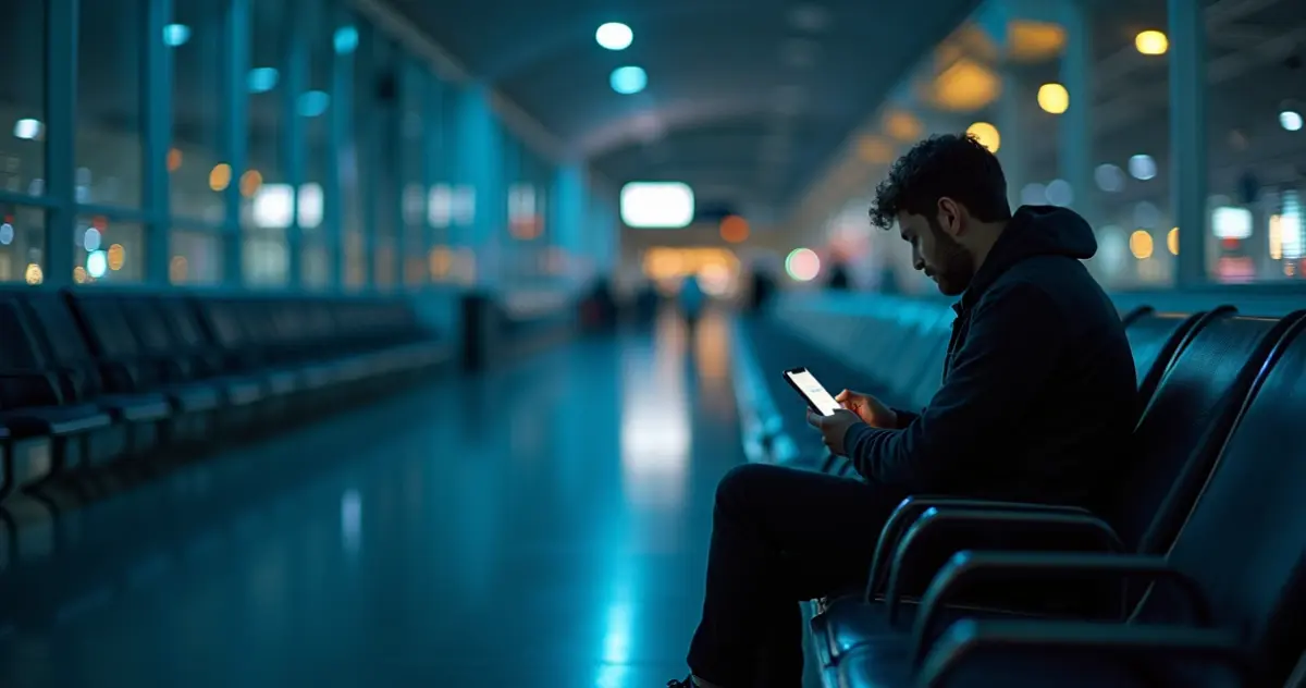 Passageiro sentado à noite em aeroporto olhando para o celular