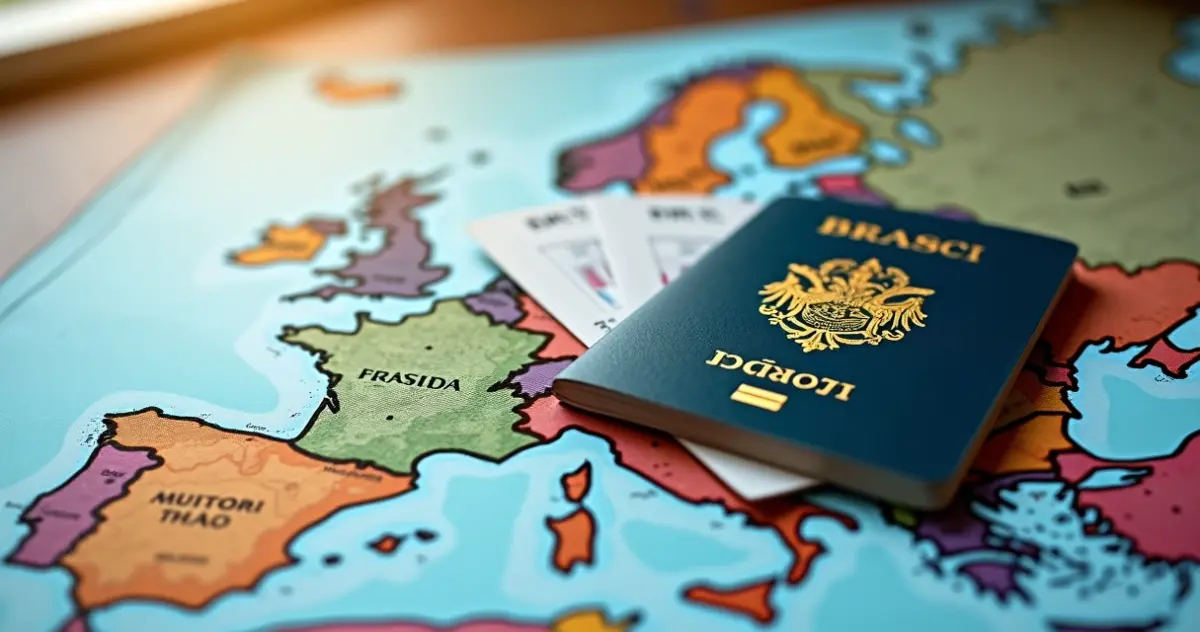 Passaporte brasileiro e cartões de embarque sobre mapa da Europa
