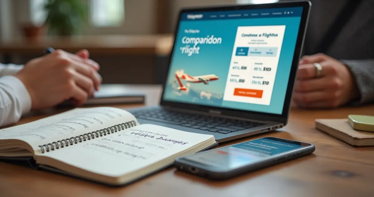 Pessoa planejando viagem com planilha e aplicativos de passagens