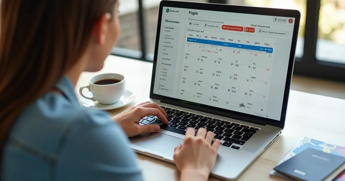 Pessoa usando laptop para planejar viagem com passagens aéreas baratas e calendário ao lado