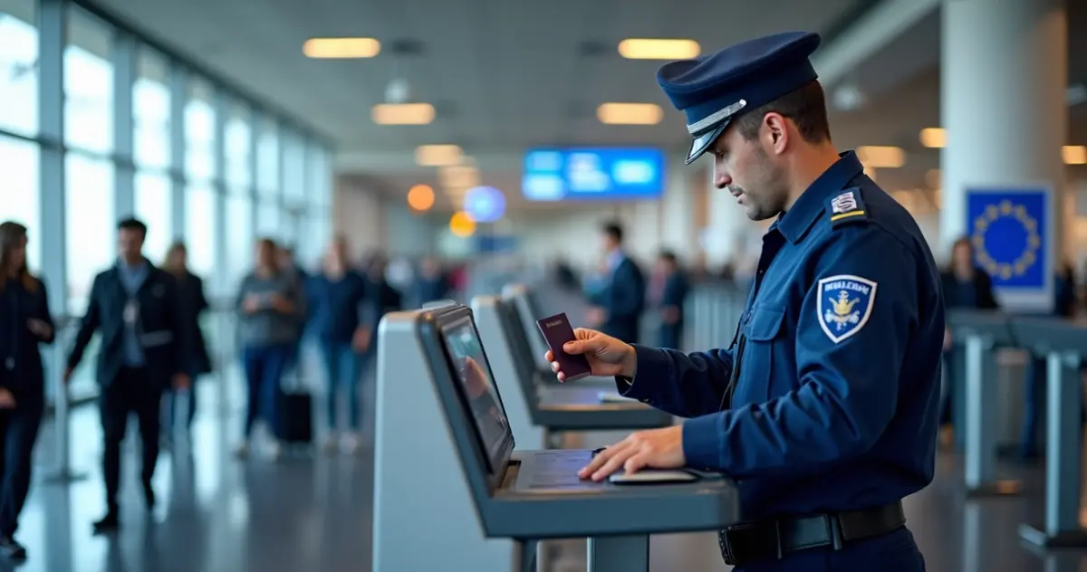 Policial de fronteira da União Europeia conferindo passaporte em aeroporto europeu