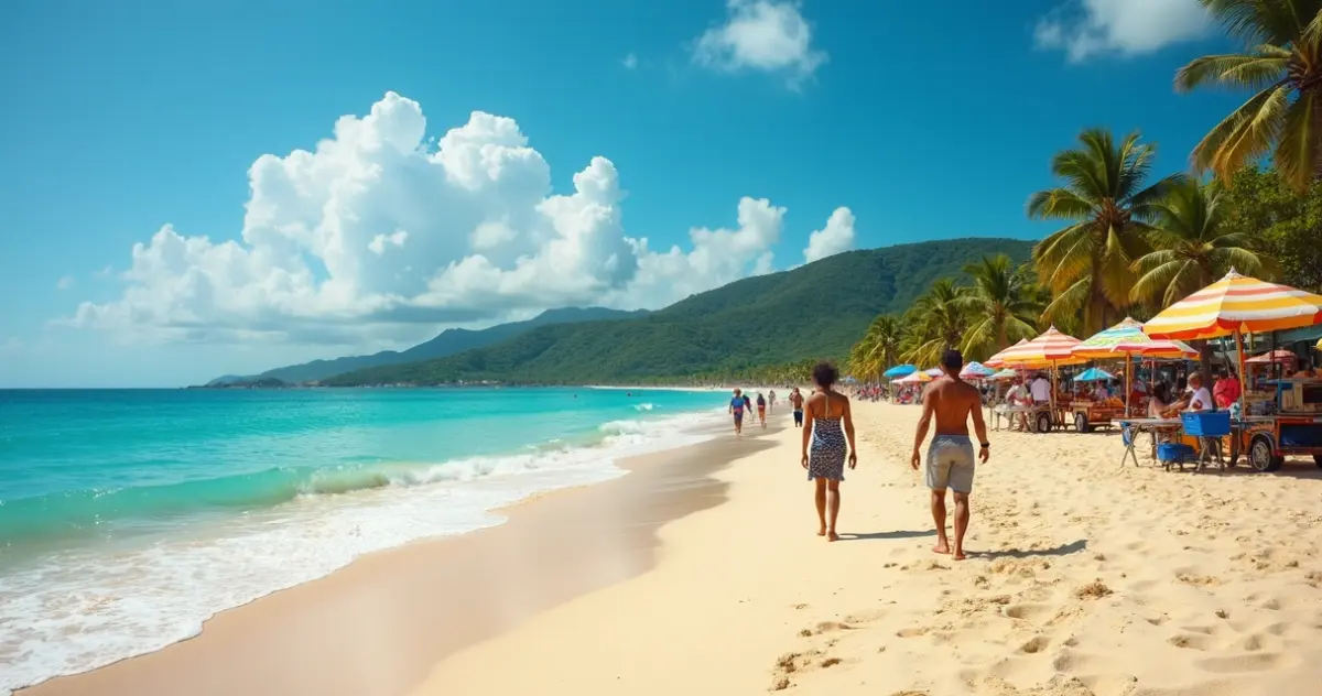 Praia tranquila do Brasil com turistas caminhando na areia e morros ao fundo