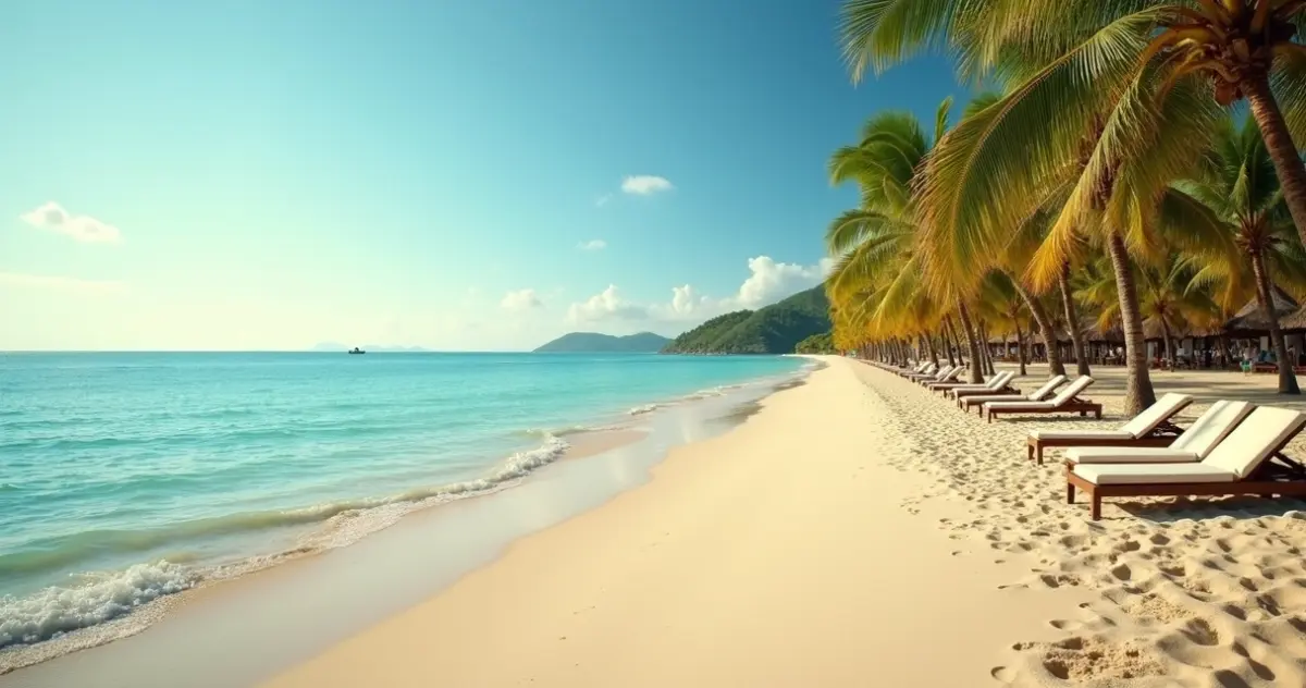 Praia tranquila com coqueiros e mar claro no Nordeste