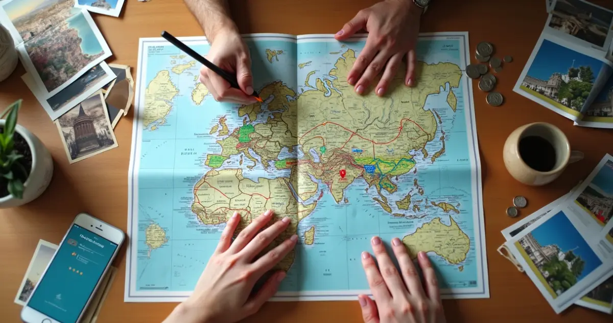 Pessoa montando roteiro de viagem com mapas e aplicativo no celular