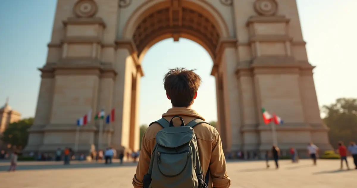 Viajante com mochila em destino internacional