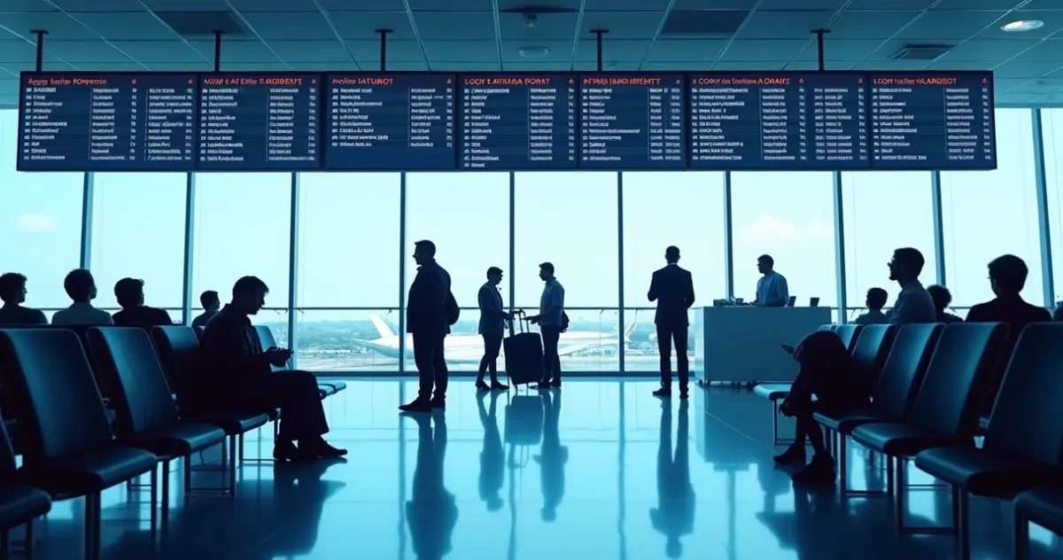 Sala de embarque vazia com monitores mostrando atrasos nos voos