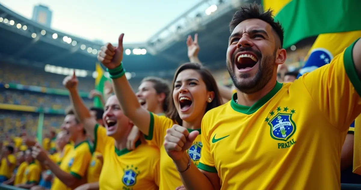Torcedores brasileiros com camisas da seleção vibrando em estádio nos Estados Unidos.