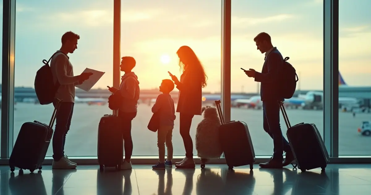 Grupo de diferentes viajantes analisando roteiros no aeroporto com malas e mapas em mãos