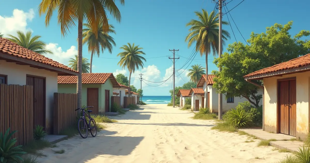 Vila litorânea calma com rua de areia e mar ao fundo